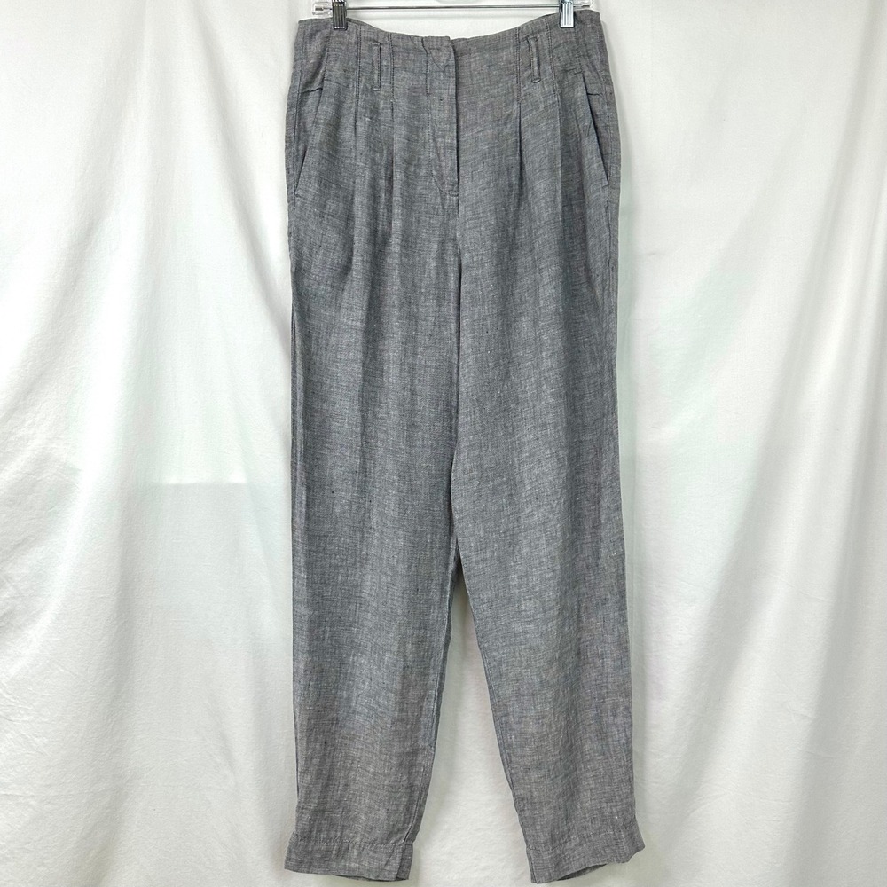 M&S COLLECTION Gray 100% Linen Pleated High Rise Tapered Pants US Women's 8 Tall